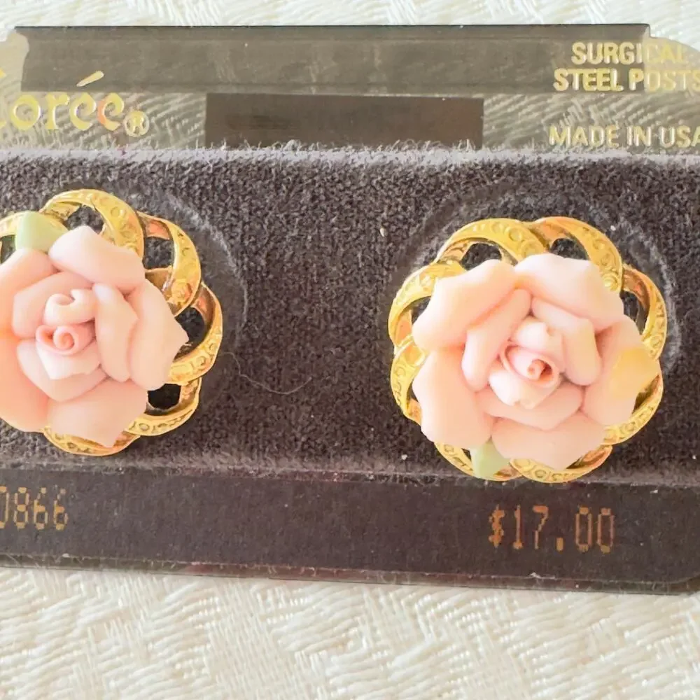Loree Rose Clip Earrings NWT Vintage Pink Flowers on Gold Toned Braided Back